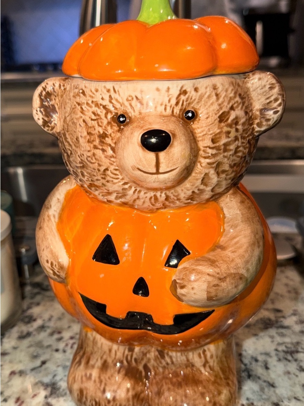 Cute Bear Pumpkin Cookie Jar - Orange & Brown Halloween Decor/ candy jar